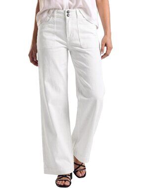 Women's White Elastic High Waisted Stretchy Front Big Pocket Straight Leg Jeans